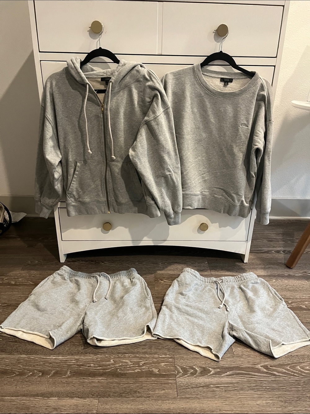 J.Crew University Terry Zip up hoodie. Crewneck sweatshirt, 2 pairs of shorts.